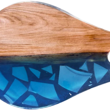 15″ x 14″ Rustic Maple Wood & Shattered Plates in Azure Blue Resin River Serving Board