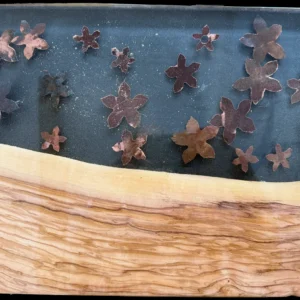 18" x 12" Olive Wood & Copper Cut Flowers Floating in Clear Epoxy Resin River Charcuterie Board