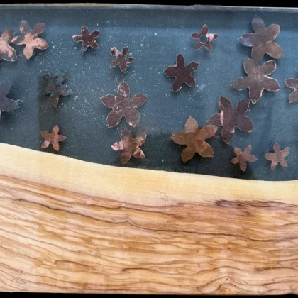 18" x 12" Olive Wood & Copper Cut Flowers Floating in Clear Epoxy Resin River Charcuterie Board