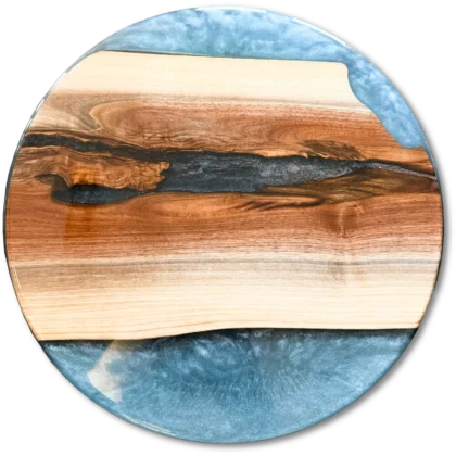 12.5" Round The Celestial Circle Live Edge Walnut & Carolina Blue Epoxy Serving Board