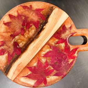 12″ x 10″ Olive Wood & Maple Leaves - Orange/Gold Epoxy Resin Charcuterie Board