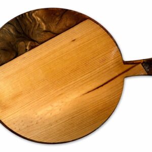 Circular wooden cutting board with handle, featuring light pine center and dark walnut curved section